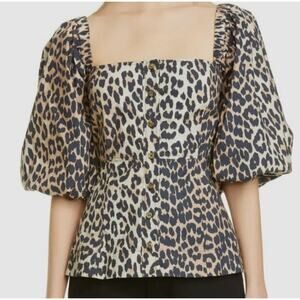 Ganni Leopard Printed Cotton Poplin Puff Sleeve Square Neck Top Preppy Women's 4